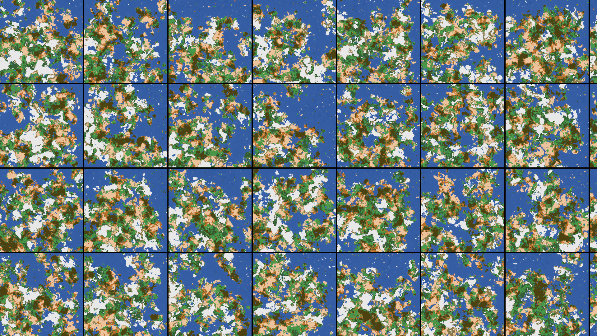 Composition of 28 overworlds, before zooming into one of them. Python powered trailer generation. 