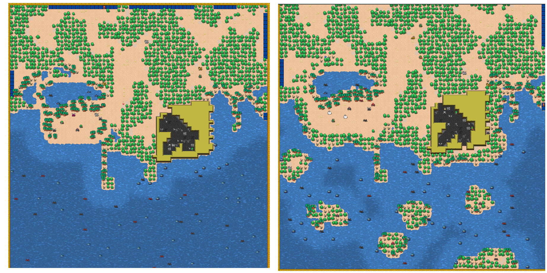 Before-after adding islands to coastal maps. New regions are all nicely accessible