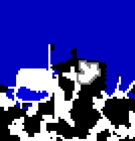 Stage just before the addition of islands. White is floor, black is blocked, blue is water.